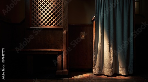 confessional. An empty church confessional with a slightly ajar curtain and a beam of light on the lattice. event programs, museum guides, designed for cultural heritage projects and event programs.