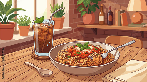 Cooking a delicious spaghetti meal on a rustic wooden table indoors