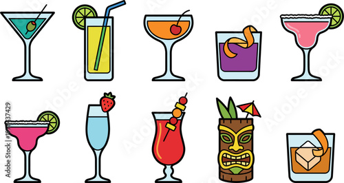 Colorful illustrations of various cocktail drinks on a table