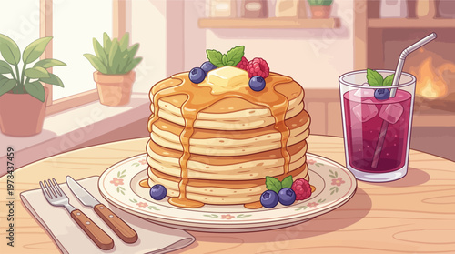 A stack of pancakes with butter and syrup on a table next to a drink