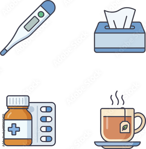 Medical objects including a thermometer and pills with a cup of tea