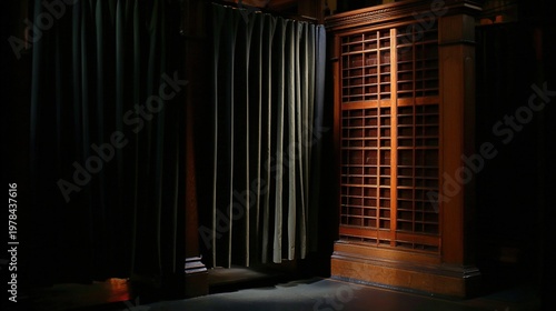 confessional. An empty church confessional with a slightly ajar curtain and a beam of light on the lattice. event programs, museum guides, designed for cultural heritage projects and event programs.