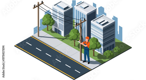 Isometric illustration of a construction worker directing traffic on a city street with modern buildings and trees.