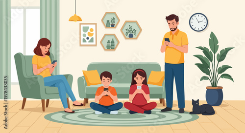 Modern family using smartphones at home, parents and children with digital devices in living room, flat vector illustration of internet addiction