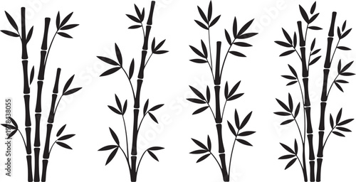 Four stylized bamboo plants with varying leaf densities in black and white illustration