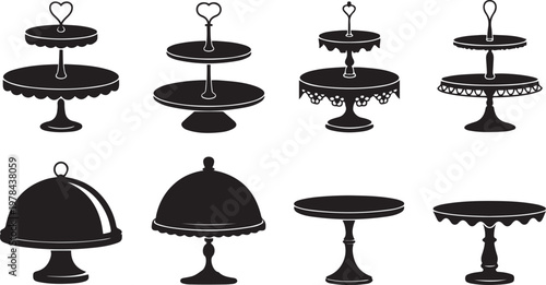 Assorted elegant cake stands and cake display tiers in classic designs