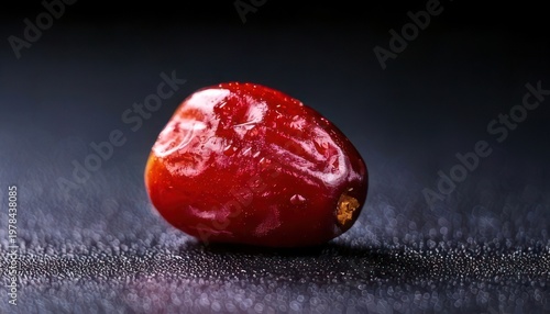 Close-up of a single Medjool date on a dark surface.