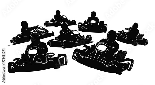 Group of racers in go karts competing on a track black silhouette