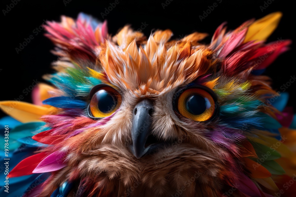 Fototapeta premium Colorful Psychedelic Owl with Kaleidoscope Eyes and Vibrant Layered Feathers