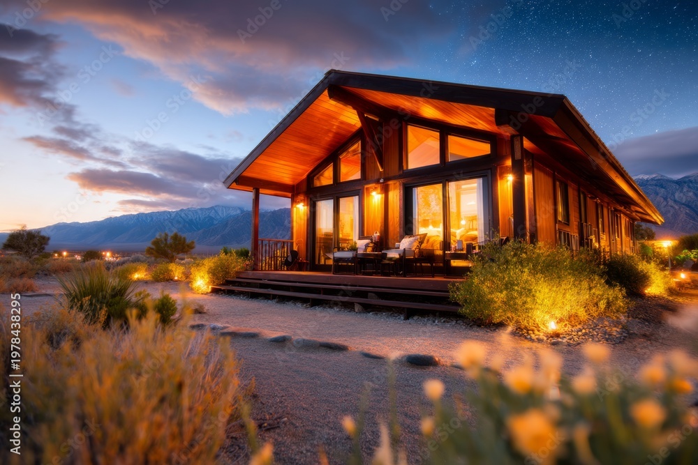 Obraz premium Remote Desert Cabin Under Starry Sky with Soft Moonlight Illuminating Surroundings