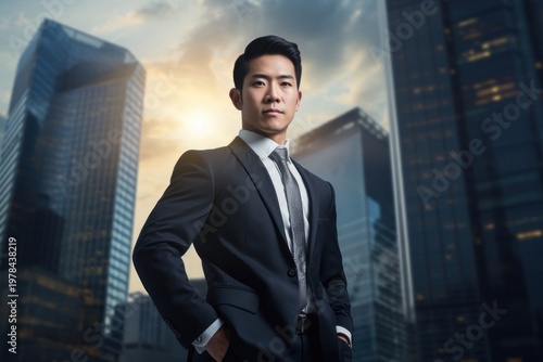 Asian businessman with skyscrapers backdrop architecture building portrait.