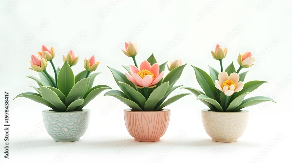 Obraz premium Colorful Artificial Flower Pots with Delicate Tulips on White Background for Home Decoration