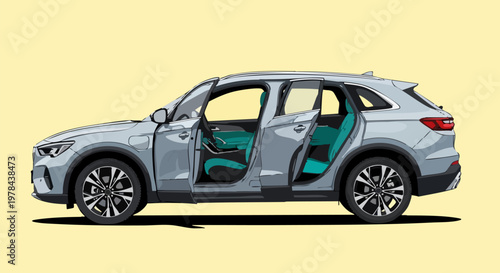 Modern silver SUV vector illustration, electric crossover vehicle with open doors and teal interior, side view of a contemporary family car