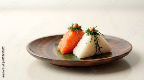 Artfully Plated Sushi Delicacies Featuring Vibrant Colors and Fresh Garnishes on a Wooden Plate