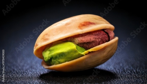 Close-up of a Single Pistachio Nut with Open Shell on Dark Background.