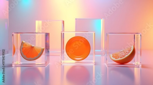 Citrus Fruit Slices and Round Shapes Displayed in Clear Acrylic Blocks with Colorful Background Lighting