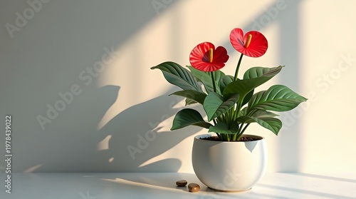 Aesthetic Arrangement of Red Flowers in a White Pot with Leaves Casting Shadows on a Wall
