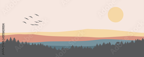Minimalist Flat Vector Landscape with Layered Mountains at Sunset, Dark Pine Forest Silhouette, Flock of Birds and Large Pale Sun