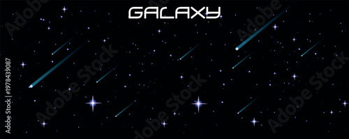 Minimalist Flat Vector Illustration of Night Sky with Shooting Stars, Twinkling Stars and Galaxy on Black Background