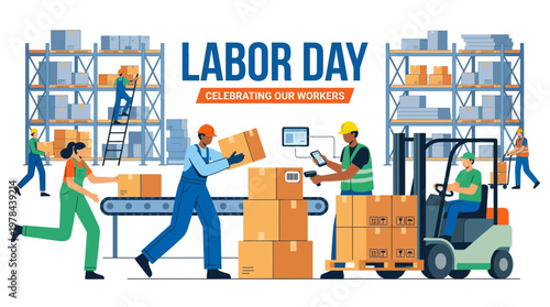 倉庫で働く人々が、コンベア、フォークリフト、はしごを使って荷物を運んでいます。