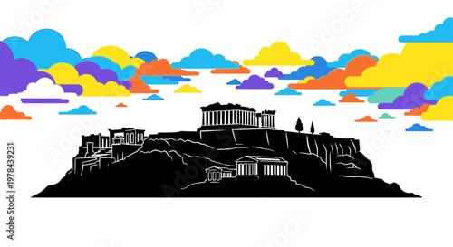 Acropolis of Athens Ancient Ruins Silhouette.