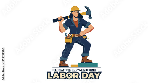 働く女性がヘルメットと工具を持ち、Labor Dayを祝うために立っている姿。