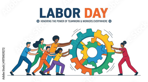 力を合わせて大きな歯車を動かす人々のイラスト。協力とチームワークを象徴している。