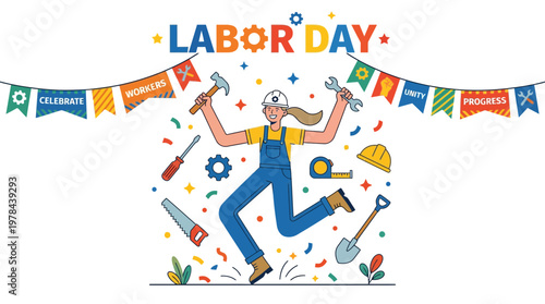 働く女性がヘルメットを持ち、ジャンプしながら工事道具とともに祝う労働者の日のイラスト。