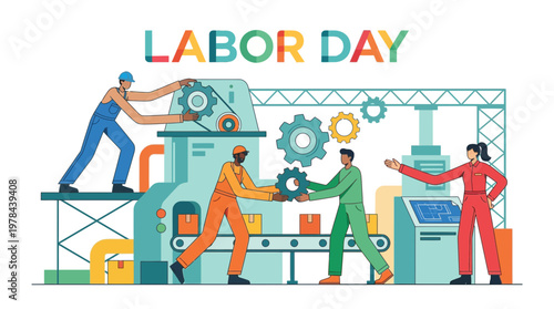 労働者が工場の生産ラインで機械を操作し、作業を行っている様子を描いている。