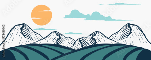 Minimalist Flat Vector Illustration of Mountain Landscape with Rolling Green Hills, Snowy Peaks, Orange Sun and Blue Clouds, Hand-Drawn Line Art Cartoon Style Nature Scene