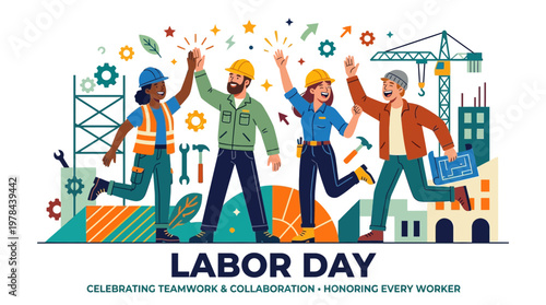 労働者が建設現場で喜びながらジャンプしている様子を描いたイラストです。