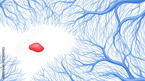 bulge. Abstract blue vascular networks with a single red bulging point, minimalist medical style. STEM education sheets, lab safety posters, designed for biotech research communications.
