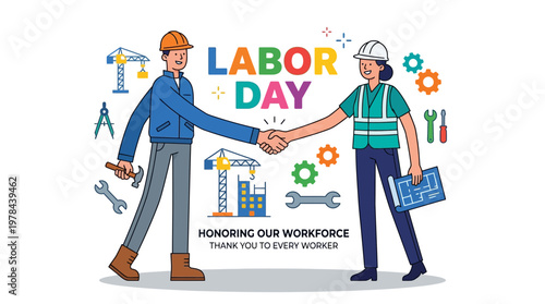 労働者が握手を交わし、労働の日を祝うイラスト。建設工具と作業服が特徴的です。
