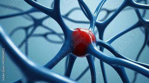 bulge. Abstract blue vascular networks with a single red bulging point, minimalist medical style. STEM education sheets, lab safety posters, designed for biotech research communications.