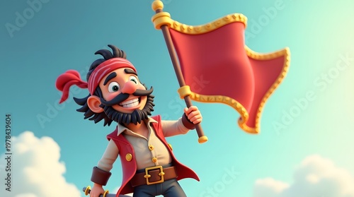 Cheerful Cartoon Pirate Character Holding Red Flag Against Bright Blue Sky with Clouds