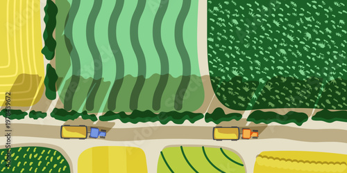 Aerial View of Agricultural Fields with Working Tractor on Farm Land Flat Vector Illustration