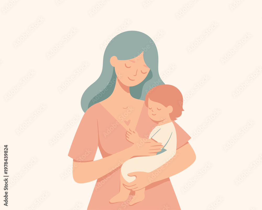 Obraz premium Illustration of a mother holding her baby in her arms with a heart symbol on her chest, representing love, care, and motherhood