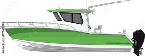 Modern powerboat with green hull and white cabin isolated on white background