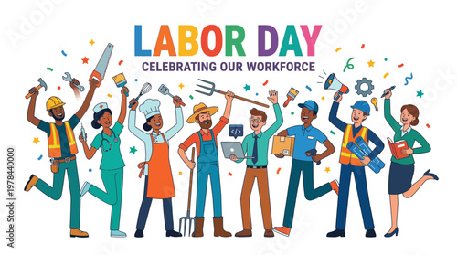 多様な職業の人々が労働者の日を祝うために集まり、笑顔でポーズを取っているイラスト。