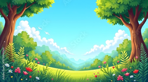 Lush Green Meadow Surrounded By Vibrant Trees Under A Bright Blue Sky With Soft White Clouds