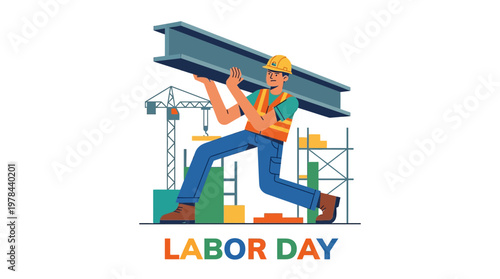 建設作業員が重い鉄骨を持ち上げている様子。背景には工事現場とクレーンが見える。