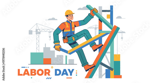 建設現場で作業する労働者が重機を操作し、建築物の工事を進めている様子を描いている。