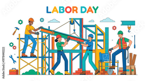 建設現場で作業員が資材を運びながら工事を進めている様子を描いているイラストです。