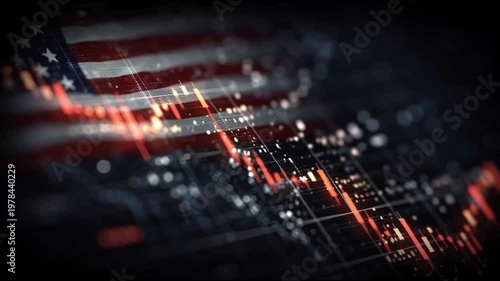 Technical recession. Financial slowdown. Market pressure. Business impact. Global contraction. American flag with overlaid digital stock market graph in red and white