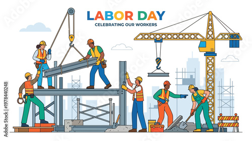 建設現場で作業員がコンクリートの柱を設置し、クレーンや工具を使用して工事を行っている様子。