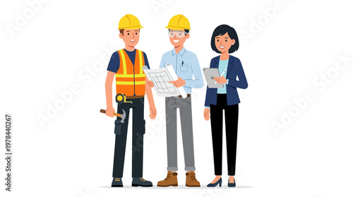 建設現場で働く3人のチーム。ヘルメット、安全ベスト、図面、タブレットを使用しています。