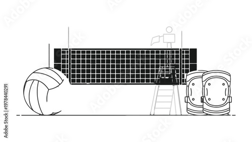 Volleyball equipment Illustration: A detailed illustration captures the key elements of volleyball: the net, ball, and protective gear, symbolizing the core components of the sport.