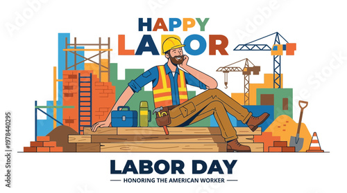 建設現場で作業服を着た男性労働者が休憩中に笑顔で話している様子。