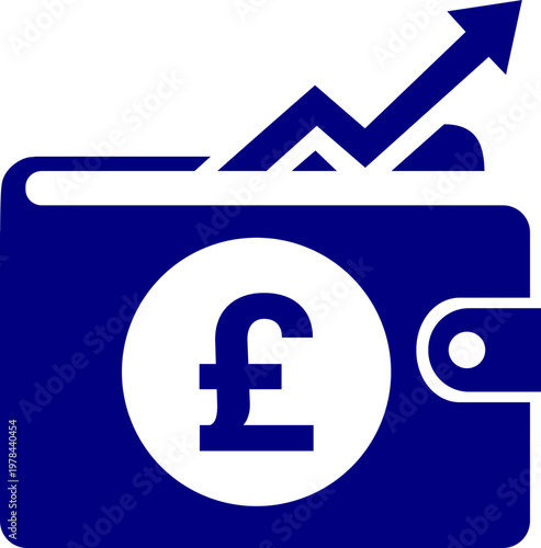 Blue wallet icon vector design with pound sterling (£) symbol and upward arrow for finance, money, wealth, business growth, savings, investment, profit, and economic success graphics