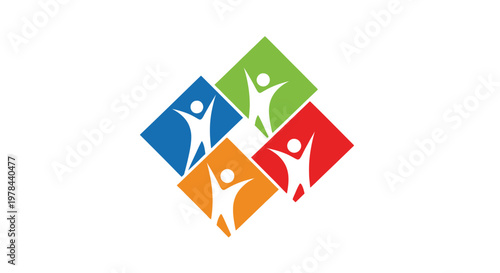 A vibrant logo featuring four stylized human figures within rotated colored diamond shapes